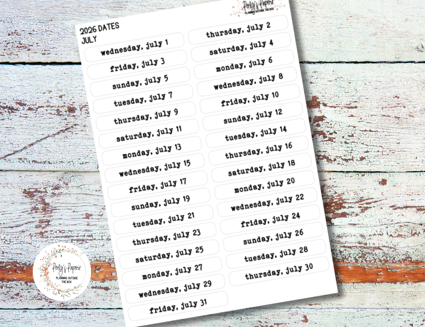2026 Dates of the Month Label Stickers in Typewriter Font