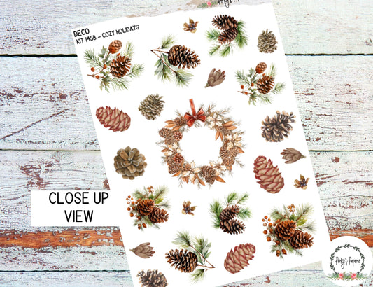 Full Sheet Deco Planner Stickers Kit 145B Cozy Holidays with Winter Pine Cones - EC, HP, Hobonichi, Makselife, Take a Note and Hemlock & Oak