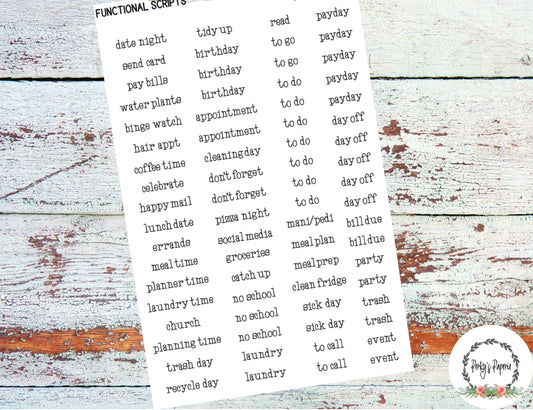Functional Mixed Life Script Planner Stickers in Typewriter Font